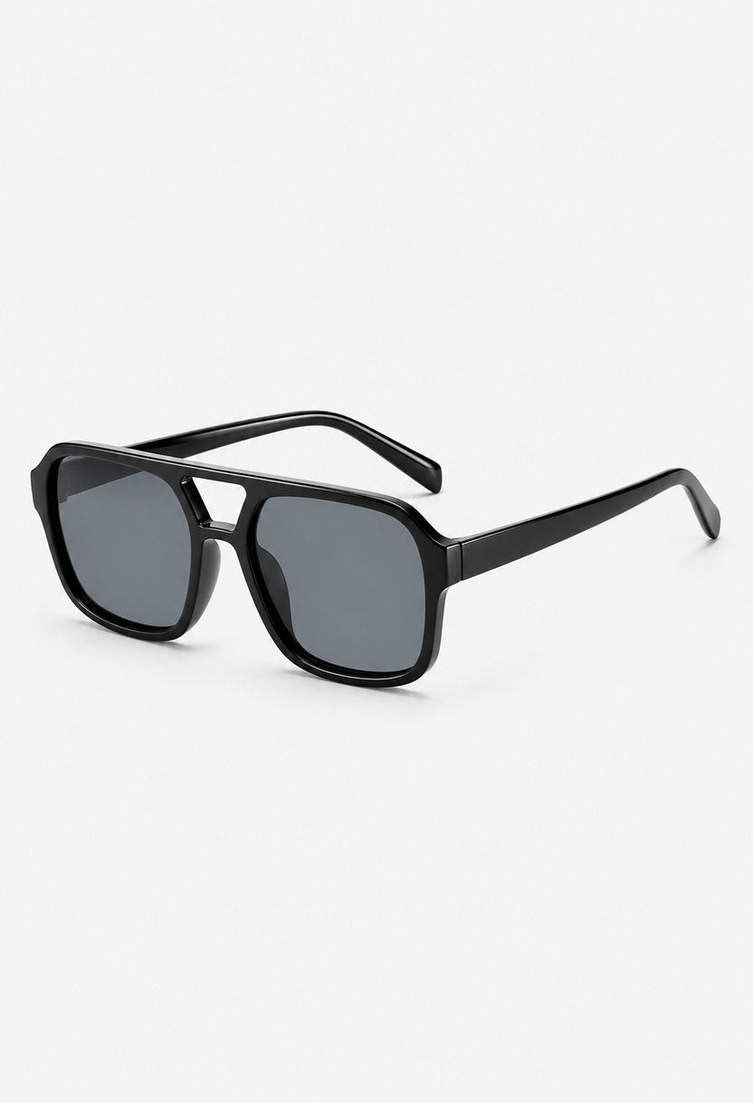 NEW STATEMENT AZTEC sunglasses, black frame with double bridge and dark grey lenses, angled view #color_black