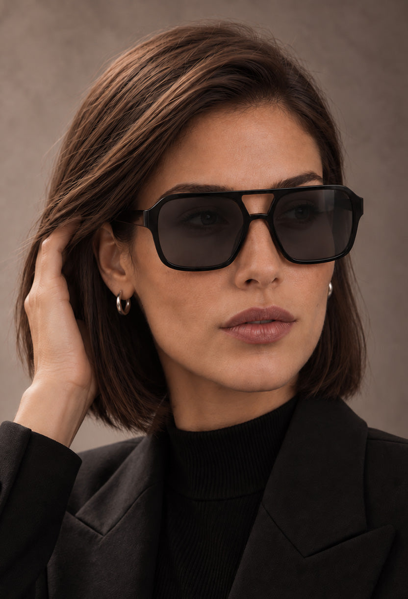 NEW STATEMENT AZTEC sunglasses, front view of the black frame with dark grey lenses #color_black