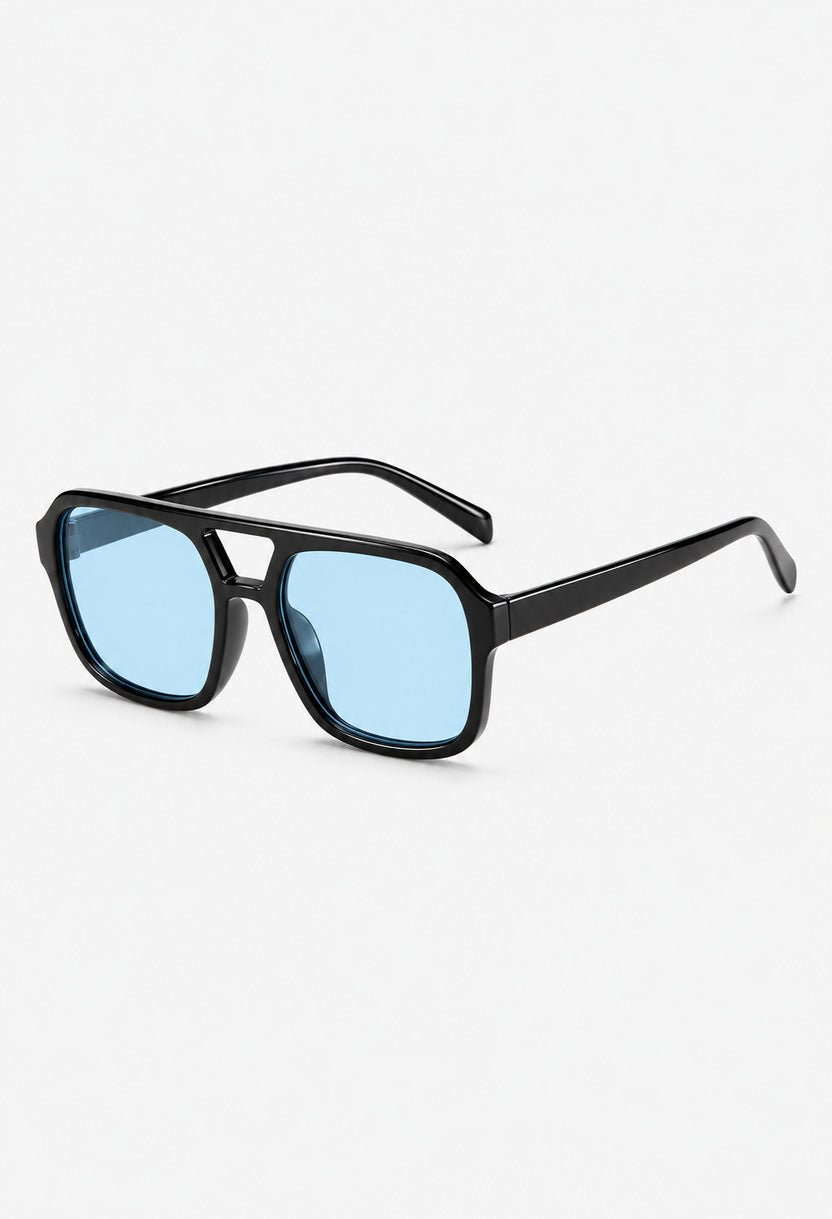NEW STATEMENT AZTEC sunglasses, black frame with light blue lenses, angled view #color_blue