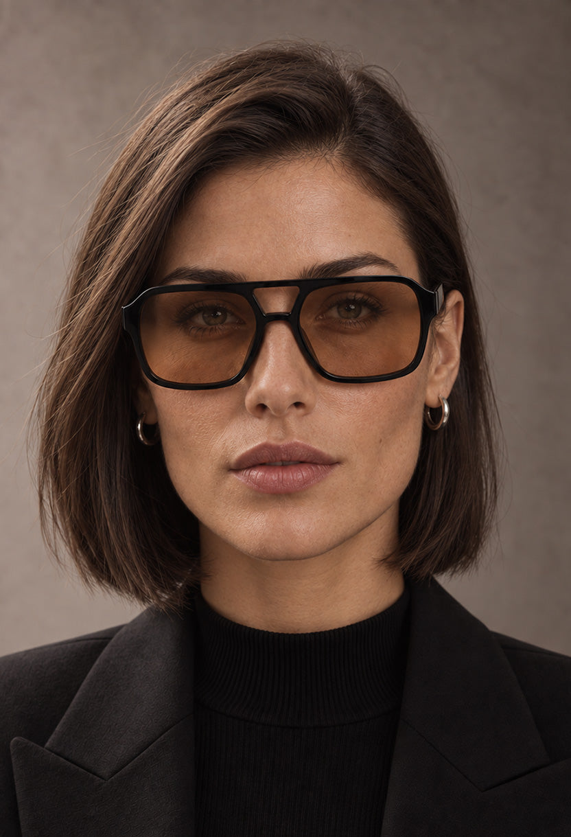 NEW STATEMENT AZTEC sunglasses, front view of the black frame with brown lenses #color_brown