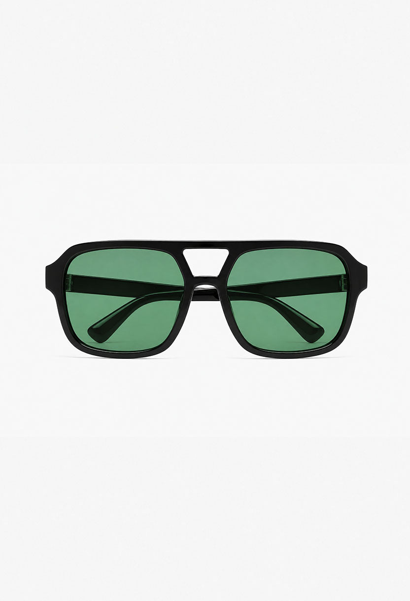 NEW STATEMENT AZTEC sunglasses, front view of the black frame with green lenses #color_green