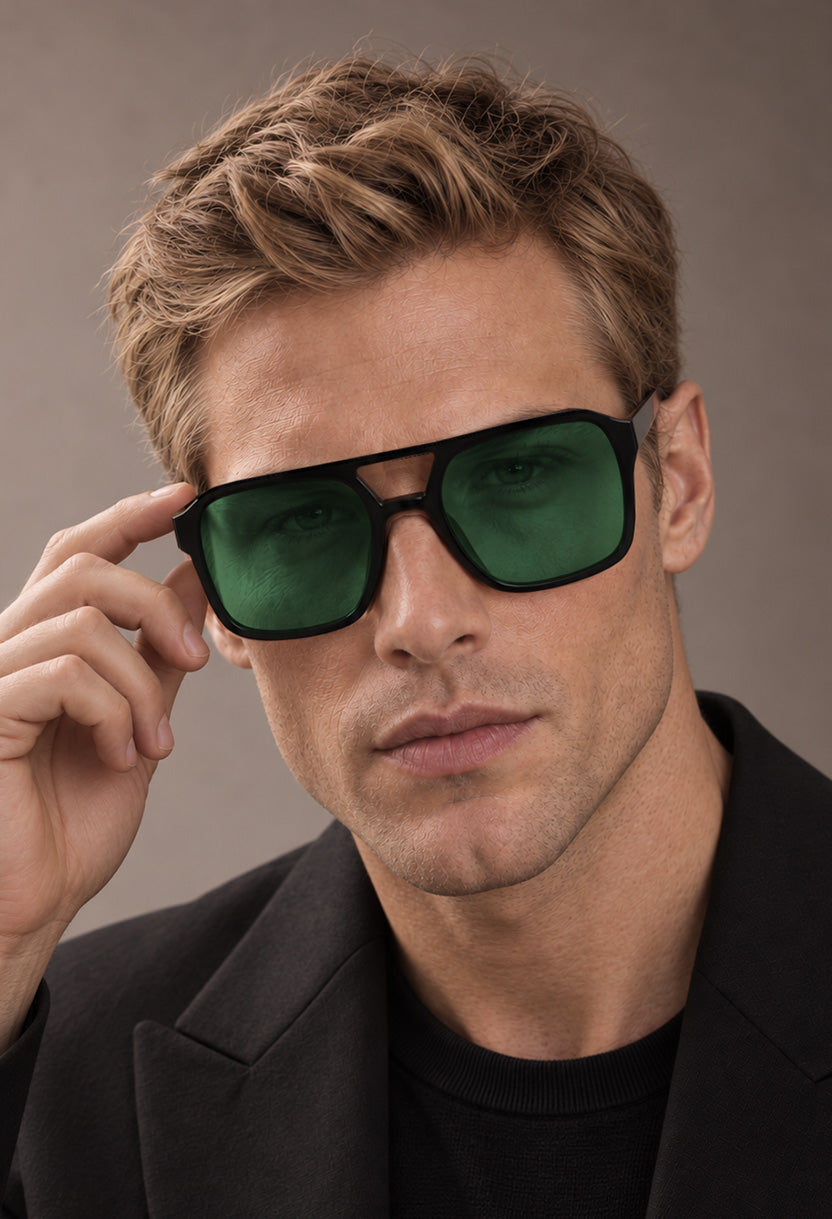NEW STATEMENT AZTEC sunglasses, front view of the black frame with green lenses #color_green