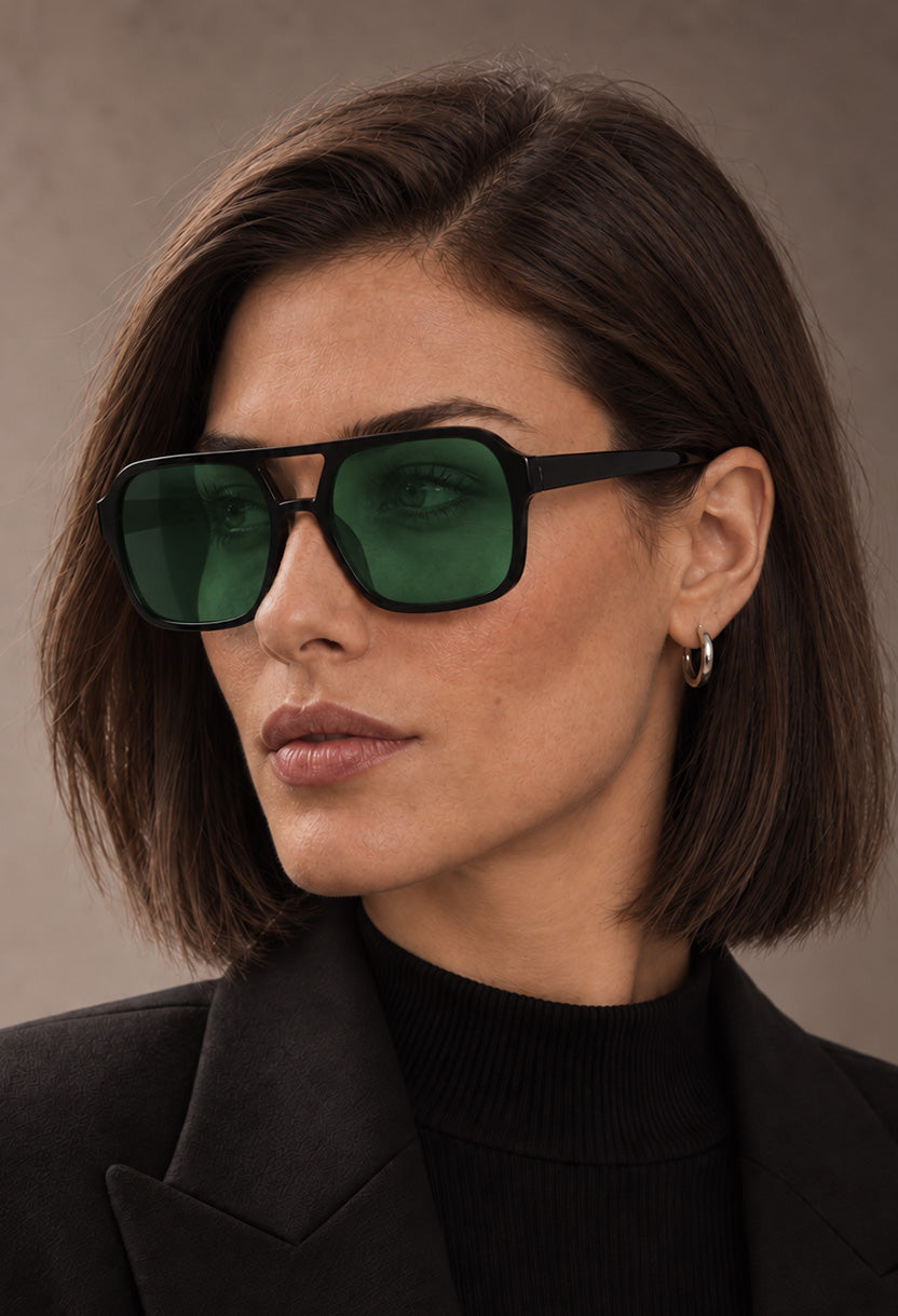 NEW STATEMENT AZTEC sunglasses, front view of the black frame with green lenses #color_green