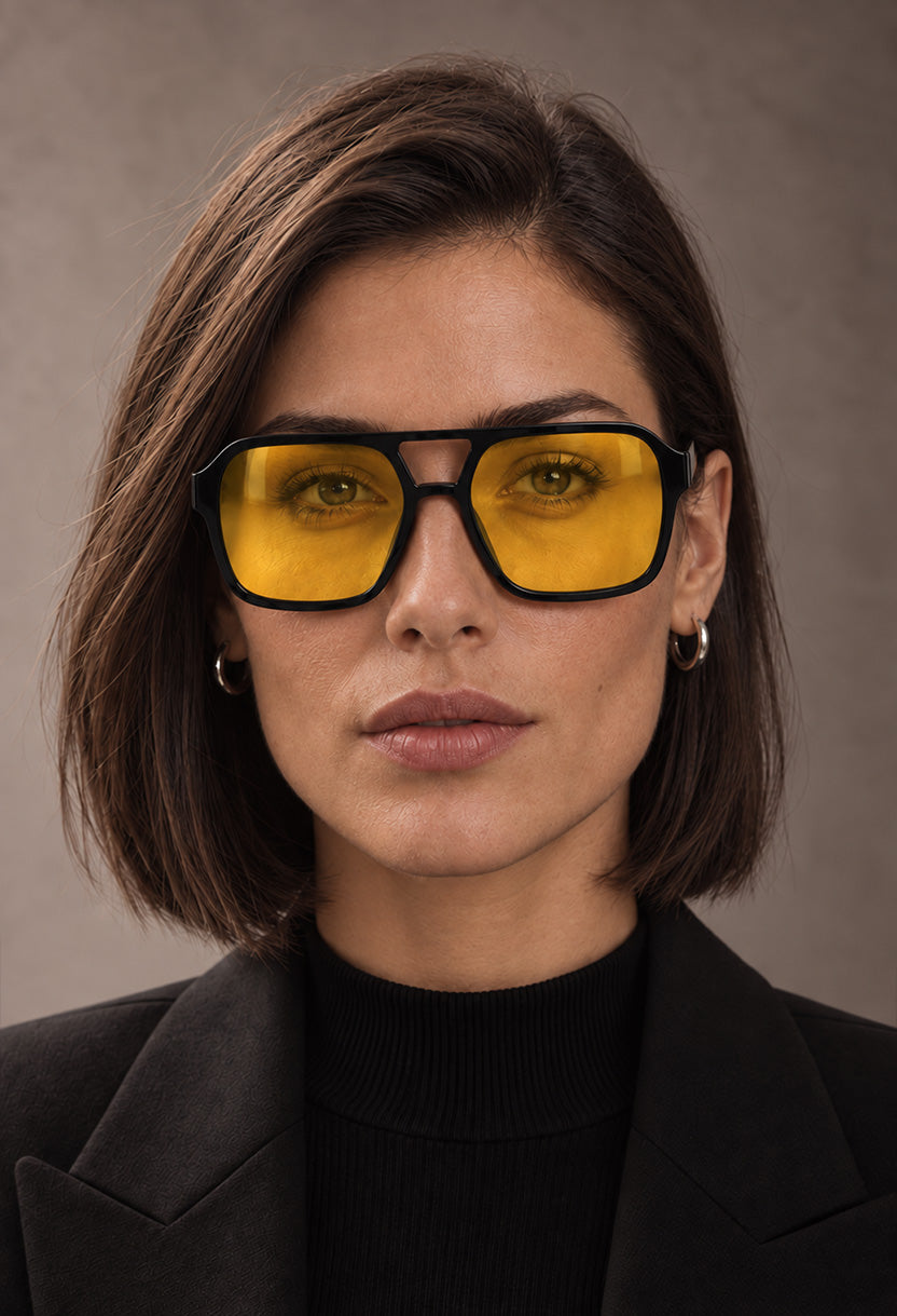 NEW STATEMENT AZTEC sunglasses, front view of the black frame with yellow lenses #color_yellow