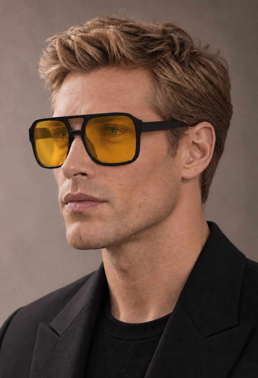 NEW STATEMENT AZTEC sunglasses, front view of the black frame with yellow lenses #color_yellow