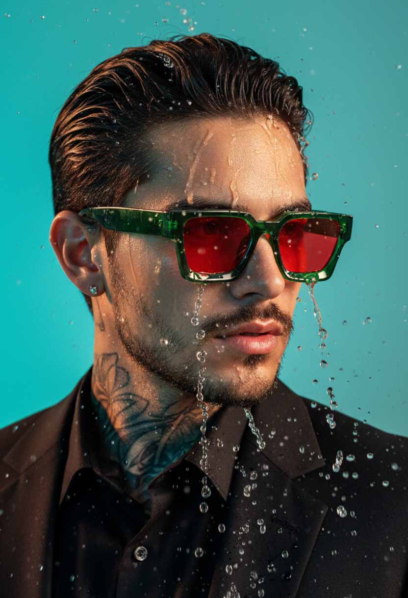 Model wearing PRIME V2 sunglasses in Cyclops, green frame with red lenses #color_cyclops