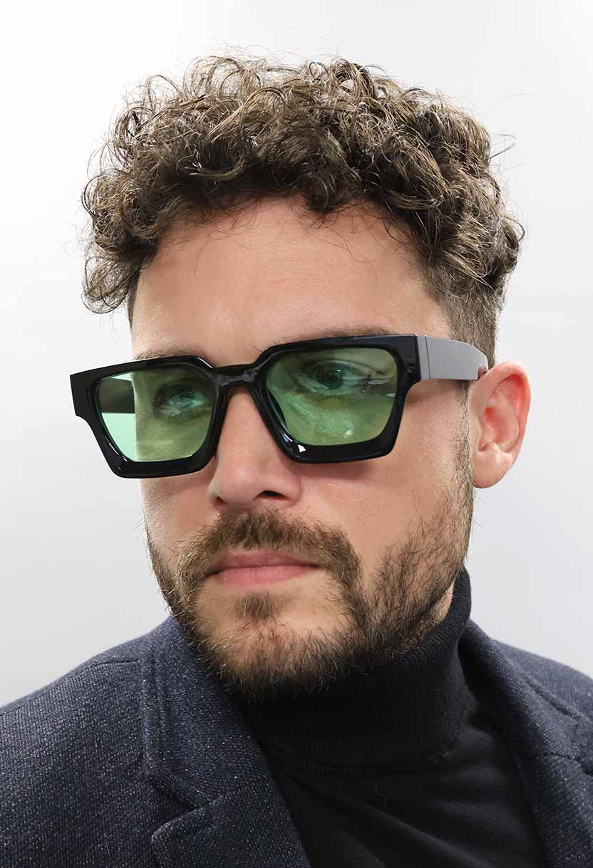 PRIME V2 sunglasses in Black/Green, close view of the rectangular frame #color_black-green